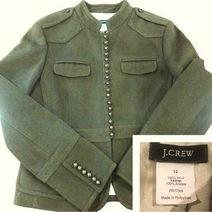 - J Crew Womens Sz 12 military wool blazer jacket army green brass metal b…